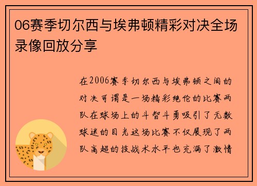 06赛季切尔西与埃弗顿精彩对决全场录像回放分享